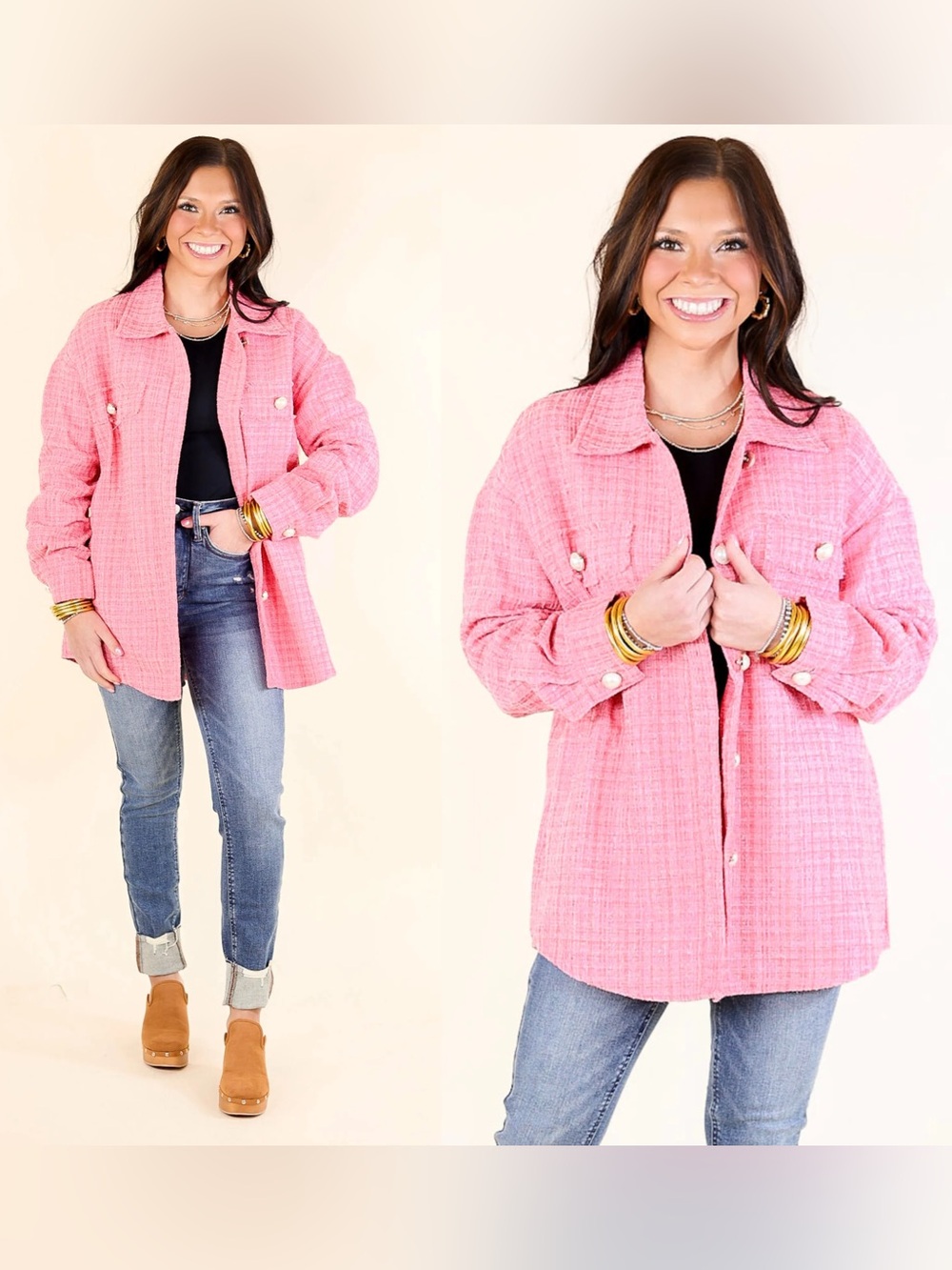 Pink Tweed Shacket Jacket - Women's Stylish Oversized Coat Pearl Button